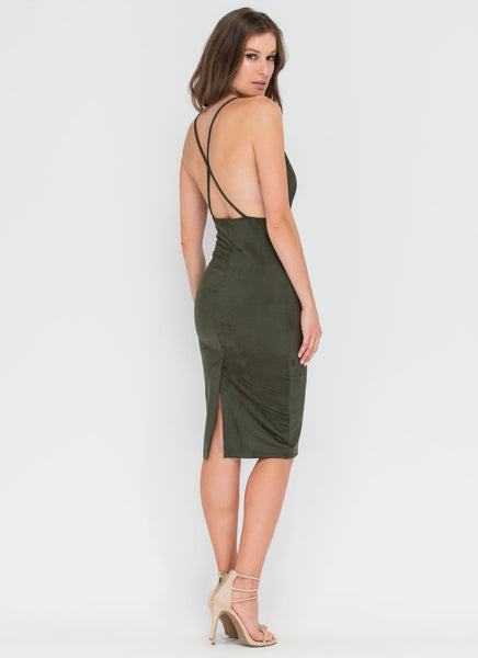 Take Notice Plunging Faux Suede Dress