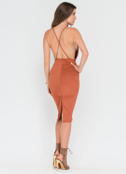 Take Notice Plunging Faux Suede Dress