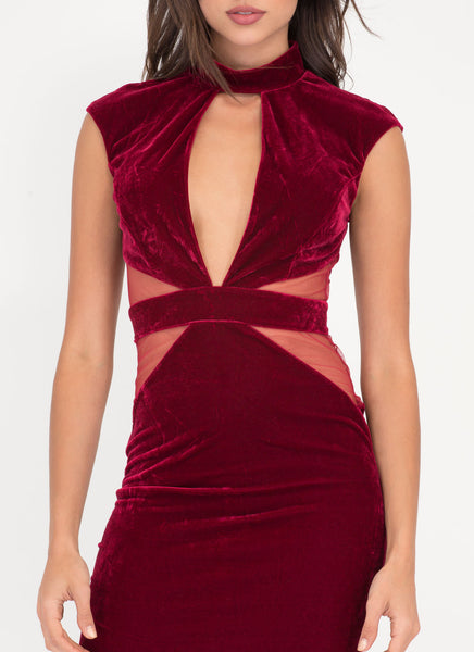 Velvet Vibe Sheer Plunging Bodycon Dress