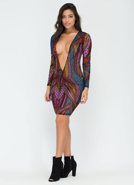 Scale Down Sheer Plunging Bodycon Dress