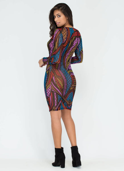 Scale Down Sheer Plunging Bodycon Dress