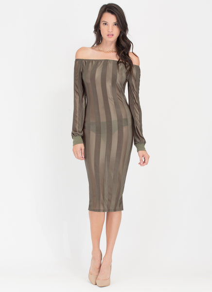 Long Line Off-Shoulder Mesh Stripe Dress