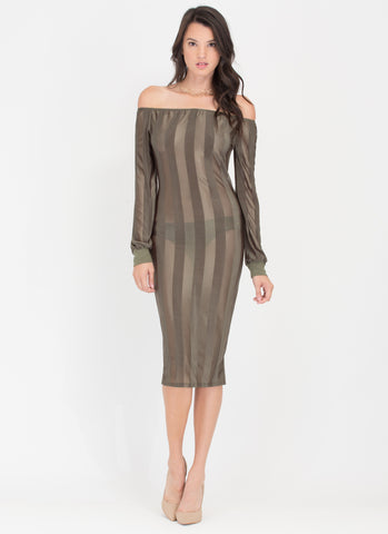 Long Line Off-Shoulder Mesh Stripe Dress