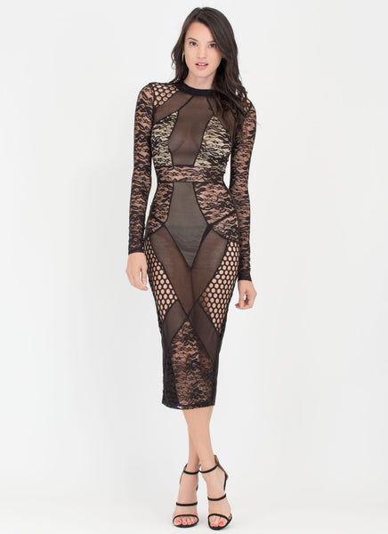 Sheer Perfection Lace 'N Mesh Midi Dress