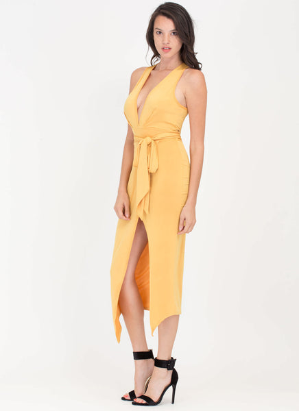 Double Date Plunging Tied Midi Dress