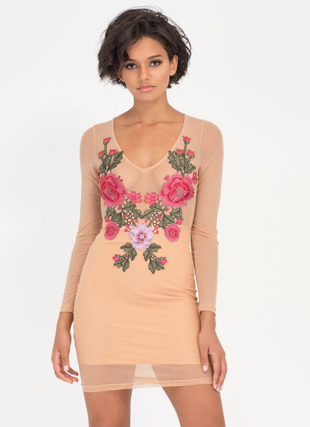 Flowers In Front Sheer Mesh Dress