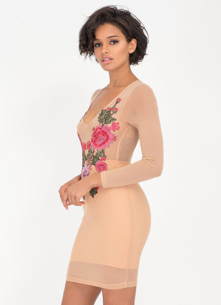 Flowers In Front Sheer Mesh Dress