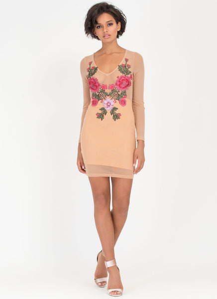 Flowers In Front Sheer Mesh Dress