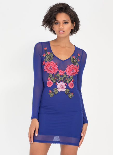 Flowers In Front Sheer Mesh Dress