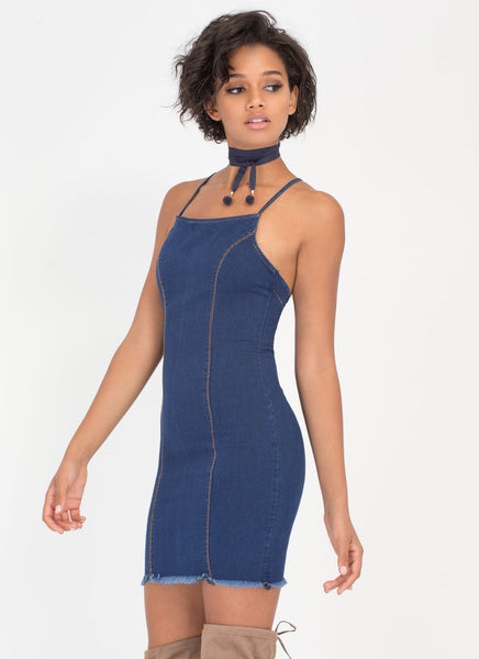 Haute Spot Lace-Back Denim Minidress