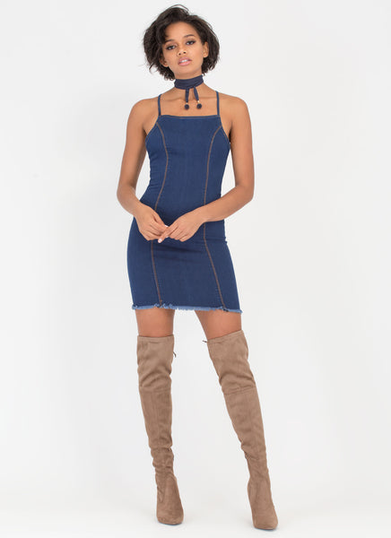 Haute Spot Lace-Back Denim Minidress