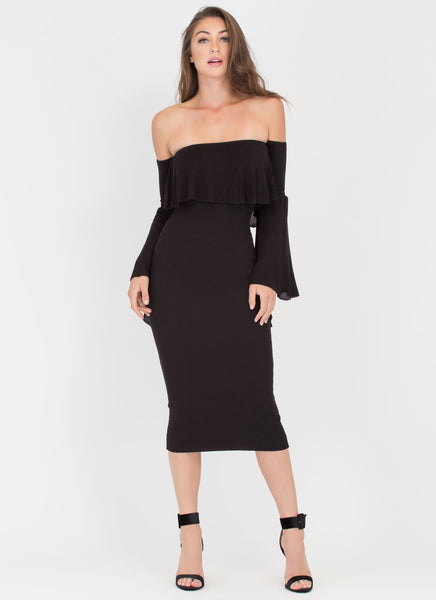 Retro Romance Ribbed Off-Shoulder Dress