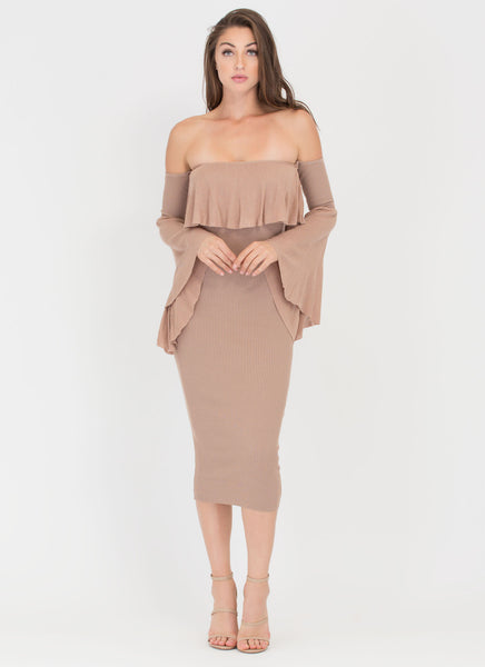 Retro Romance Ribbed Off-Shoulder Dress