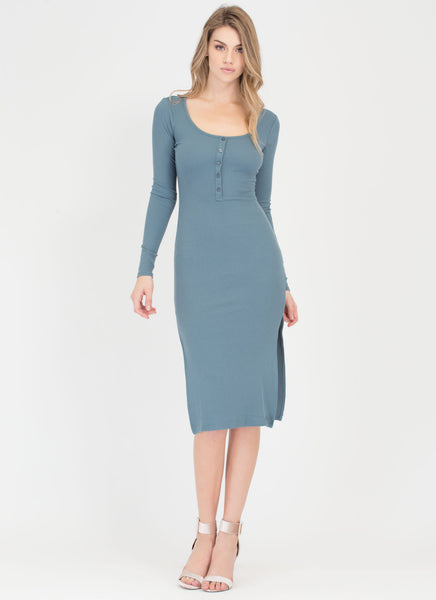 Push My Buttons Ribbed Henley Dress