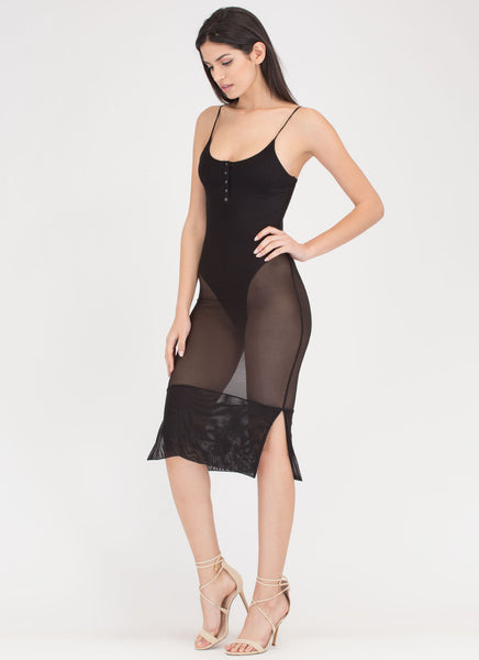 Push My Buttons Sheer Bodysuit Dress