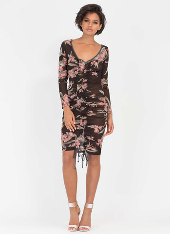 Sheer Joy Floral Ruched Open Back Dress