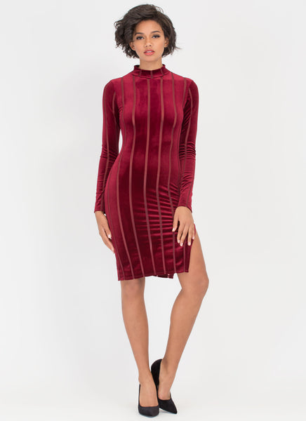 Fall In Line Sheer Velvet Mockneck Dress