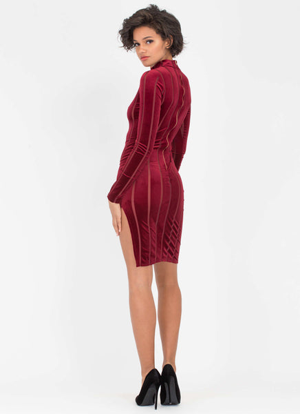 Fall In Line Sheer Velvet Mockneck Dress