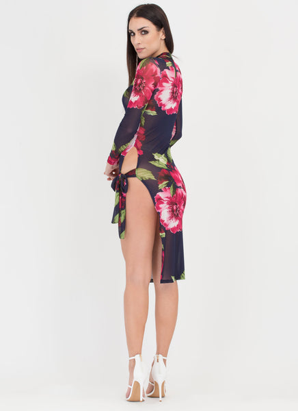 Floral Flair Sheer Tied Midi Dress