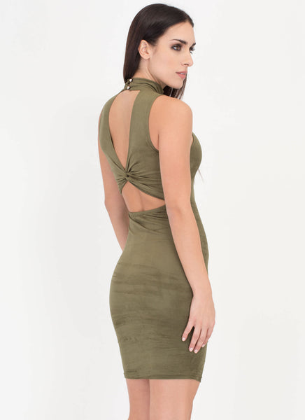 With A Twist Back Faux Suede Dress