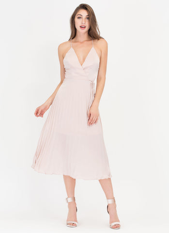 Cross Me Plunging 'N Pleated Satin Dress