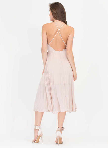 Cross Me Plunging 'N Pleated Satin Dress