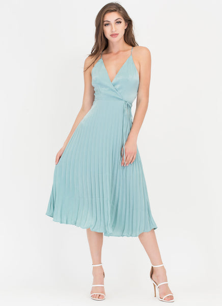 Cross Me Plunging 'N Pleated Satin Dress