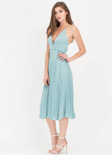 Cross Me Plunging 'N Pleated Satin Dress