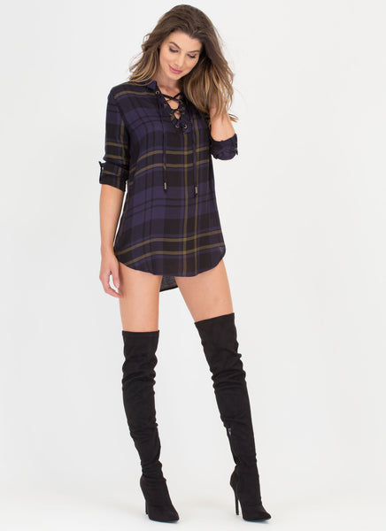 Plaid To The Bone Lace-Up Shirt Dress