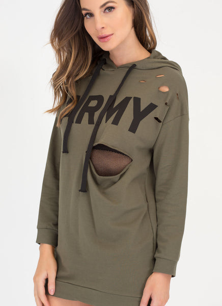 Hole Army Hooded Sweatshirt Dress