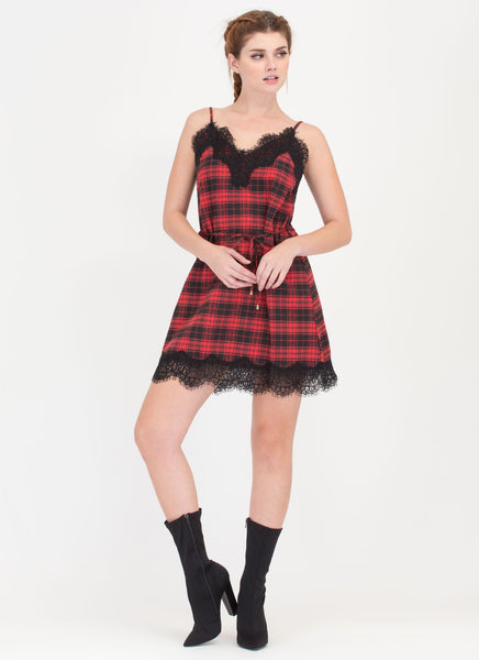 Good Idea Plaid 'N Lace Slip Dress