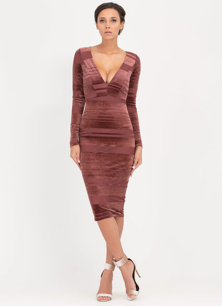 Stripe Out Plunging Mesh Velvet Dress