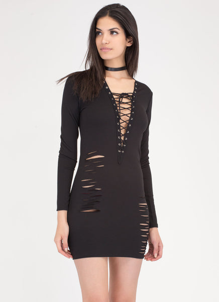 Deep Thought Distressed Lace-Up Dress