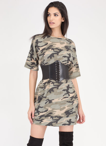 Atten-Hut Corset Belt Camo Shirt Dress