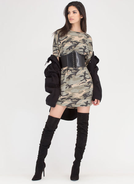 Atten-Hut Corset Belt Camo Shirt Dress