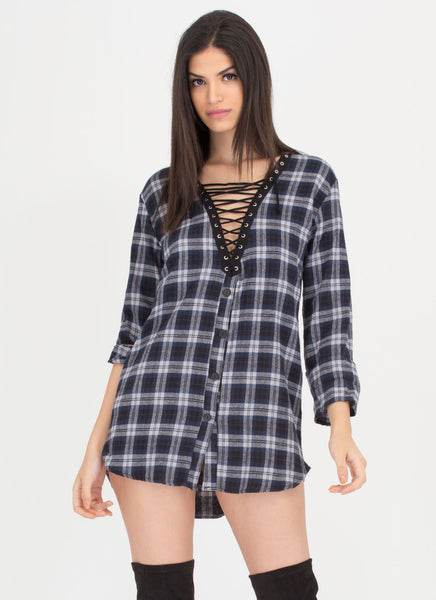 Plaid Reputation Lace-Up Flannel Dress