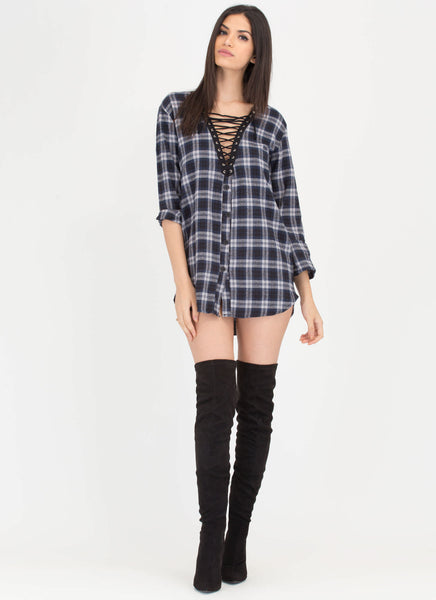 Plaid Reputation Lace-Up Flannel Dress