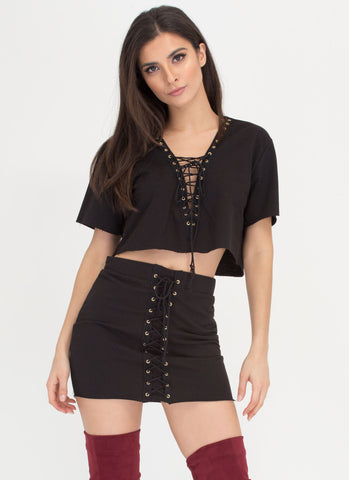 Loving Lace-Up Crop Top And Skirt Set