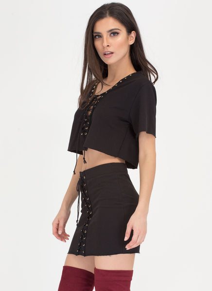 Loving Lace-Up Crop Top And Skirt Set