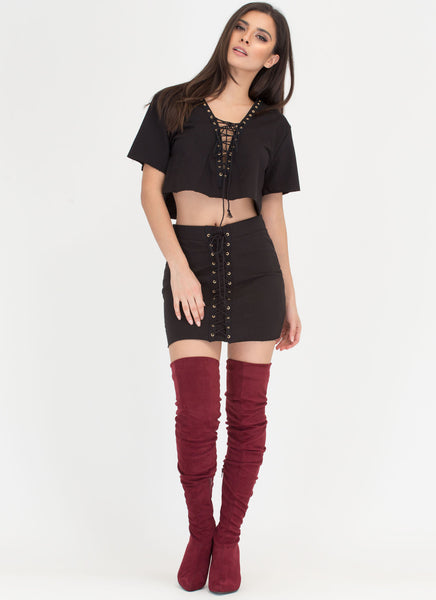 Loving Lace-Up Crop Top And Skirt Set