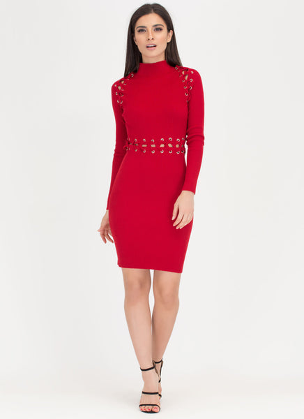 Punched Up Lace-Up Sweater Dress