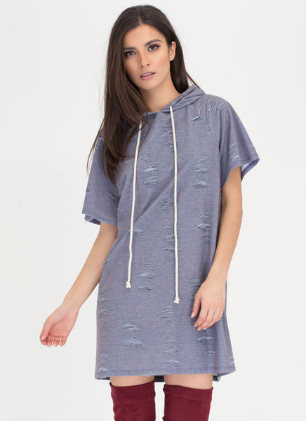 Hood Side Distressed Sweatshirt Dress